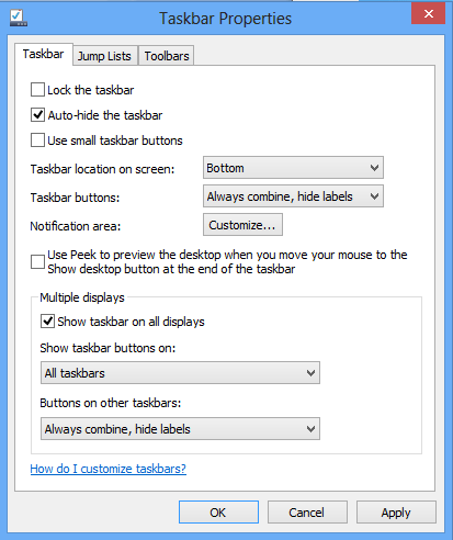 Windows 8 Taskbar Properties